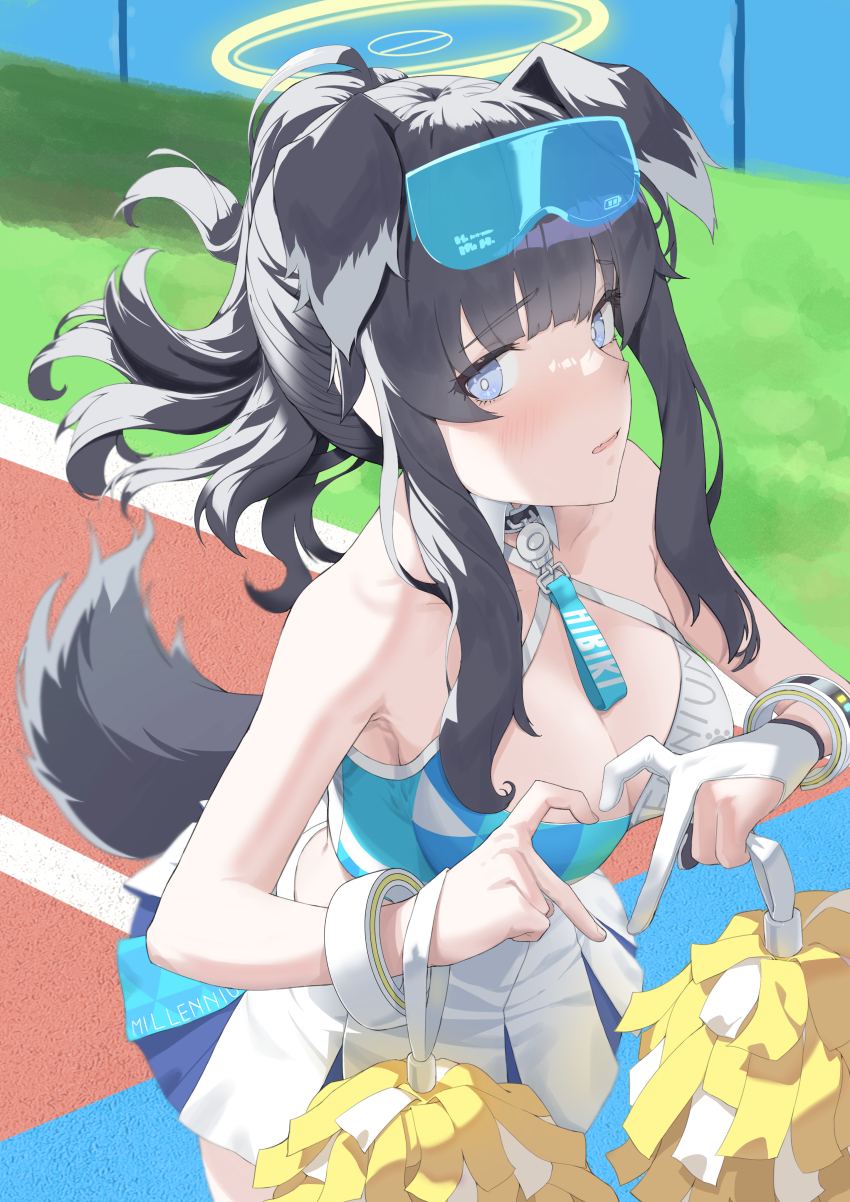 1girl, absurdres, animal_ears, black_hair, blue_archive, blue_eyes, blue_sky, blunt_bangs