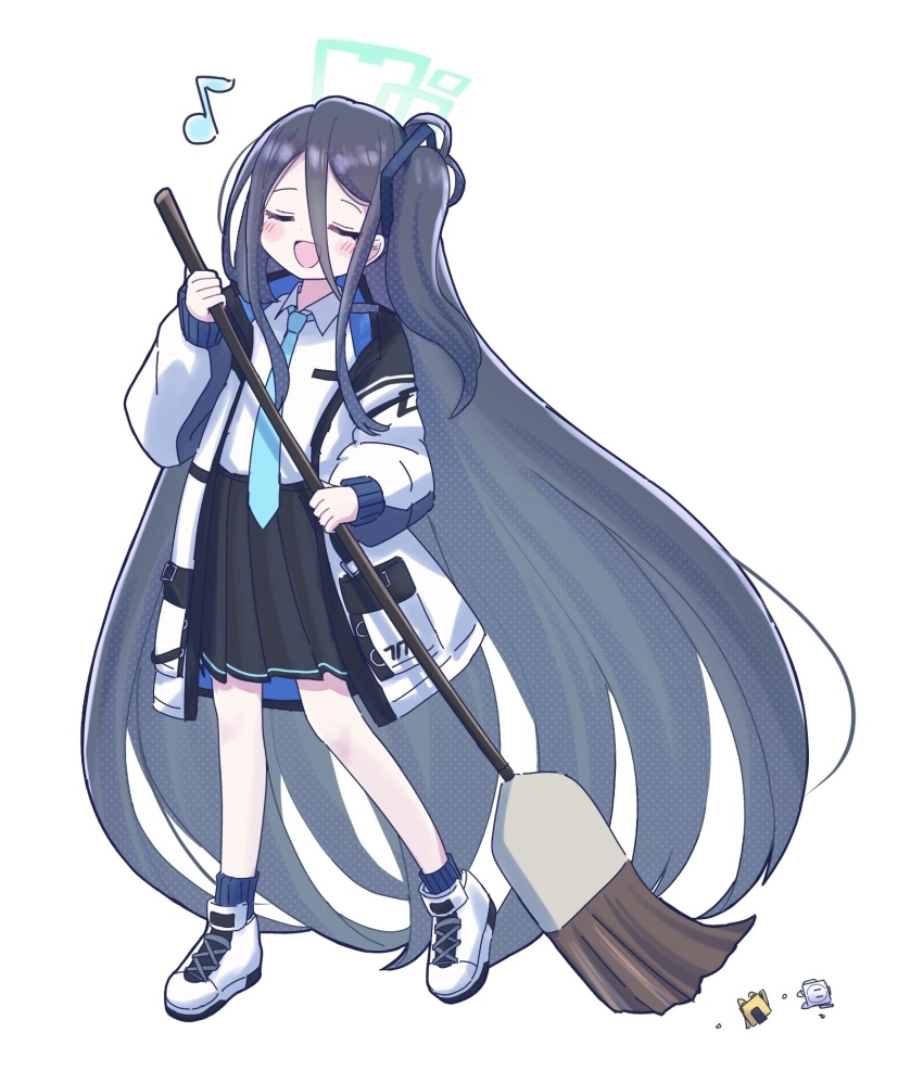1girl, :d, absurdly_long_hair, aris_(blue_archive), black_hair, black_skirt, blue_archive, blue_necktie