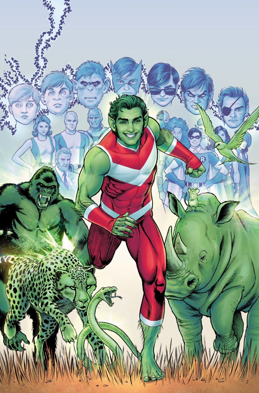 4girls, 6+boys, ape, beast_boy_(dc), cheetah, colored_skin, commentary, cyborg_(dc), dc_comics, dick_grayson, doom_patrol_(dc), elastigirl, english_commentary, full_body, green_skin, highres, male_focus, mouse_(animal), multiple_boys, multiple_girls, nicolascottart, official_art, raven_(dc), rhinoceros, robin_(dc), short_hair, snake, solo, solo_focus, starfire, superhero_costume, teen_titans, teeth, western_comics_(style), wonder_woman