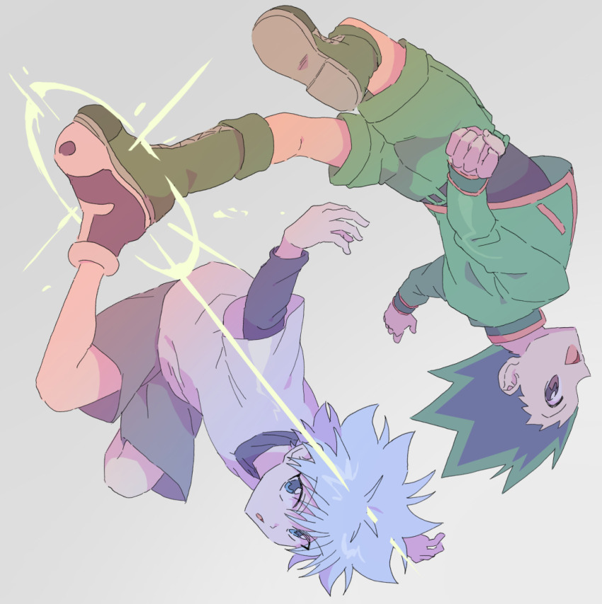 2boys, black_hair, blue_eyes, child, clenched_hand, commentary_request, full_body, gon_freecss