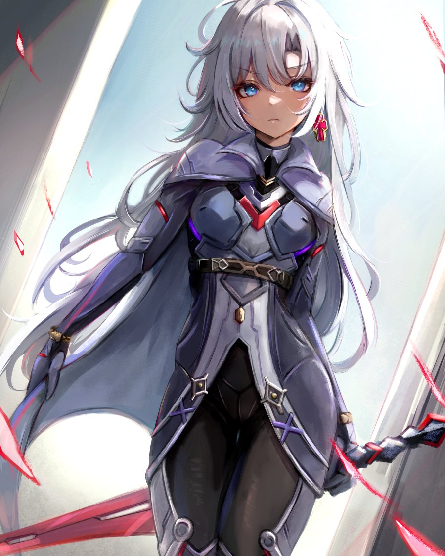 1other, a's_monado, a_(xenoblade), blue_eyes, breasts, cape, closed_mouth, collared_cape, earrings, frown, hair_between_eyes, hair_intakes, holding, holding_sword, holding_weapon, jewelry, leonmandala, long_hair, looking_at_viewer, messy_hair, serious, simple_background, single_earring, small_breasts, solo, sword, very_long_hair, weapon, white_background, white_hair, xenoblade_chronicles_(series), xenoblade_chronicles_3, xenoblade_chronicles_3:_future_redeemed