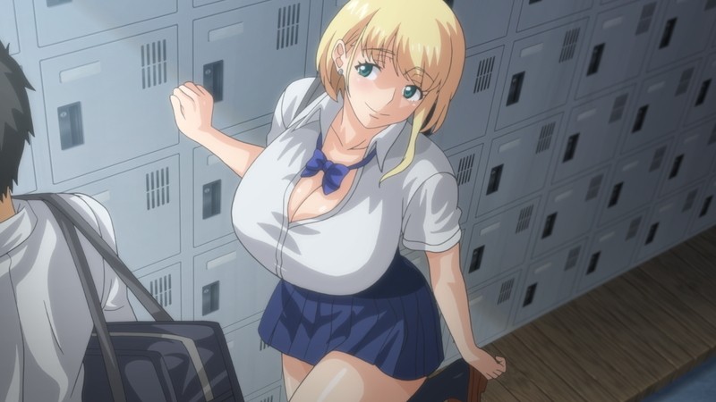 1girl, bag, black_hair, blonde_hair, blush, bow, breasts, cleavage, curvy, hajimete_no_hitozuma, happy, highschool, huge_breasts, joyful, large_breasts, locker, open_clothes, school_uniform, screencap, shinozuka_yuuji, skirt, smile