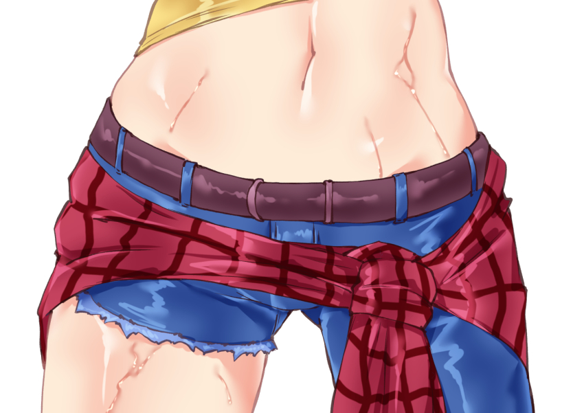 1girl, abs, asake_ameji, asymmetrical_clothes, belt, commentary_request, cowboy_shot, denim