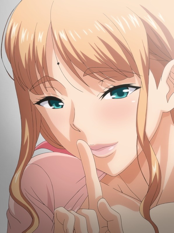 1girl, blonde_hair, bow, finger_to_mouth, hajimete_no_hitozuma, lips, mature_female, pink_bow