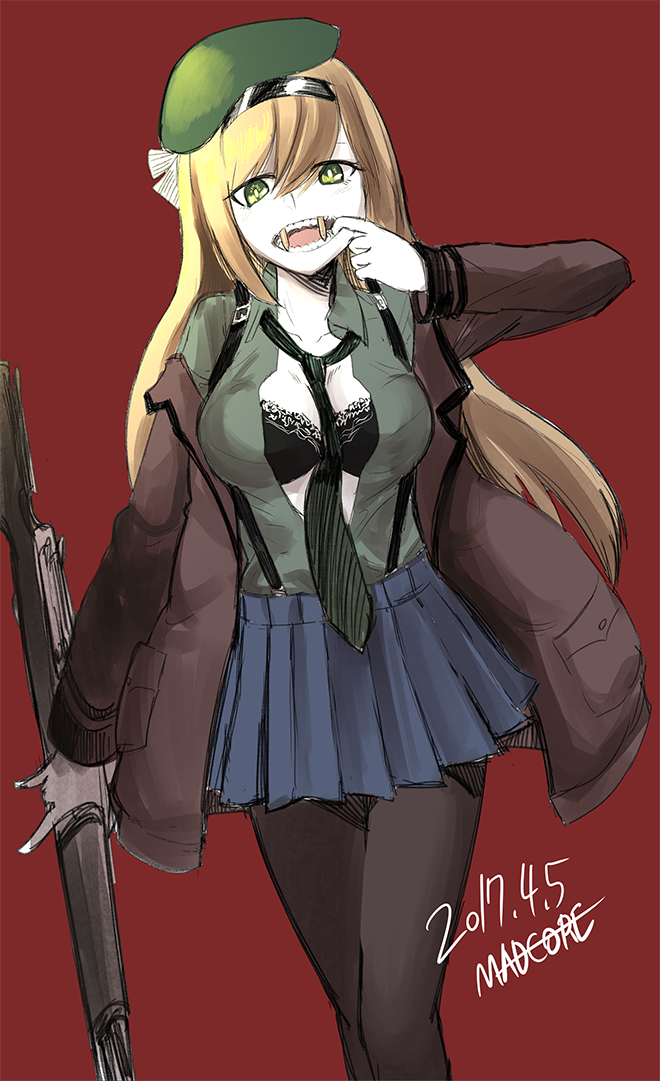 1girl, artist_name, beret, black_bra, black_hairband, blonde_hair, blue_skirt, bra