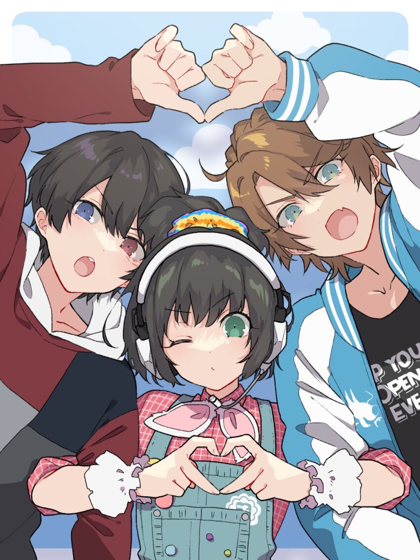 1girl, 2boys, banjou_ryuuga, black_hair, black_shirt, blue_eyes, brown_hair, commentary