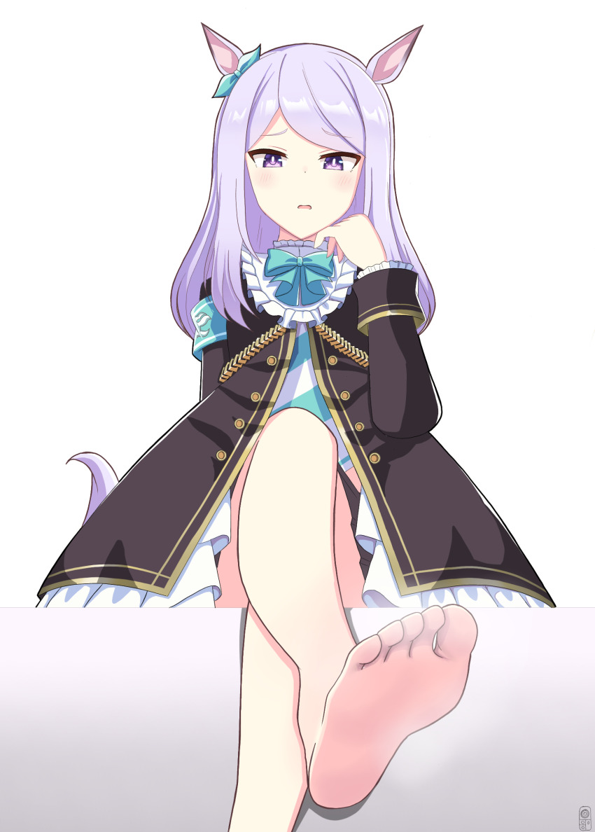 1girl, animal_ears, artist_logo, barefoot, black_dress, bow, dress, ear_bow, feet, felleo105, foot_focus, frilled_dress, frills, heart, heart-shaped_pupils, highres, horse_ears, horse_girl, horse_tail, logo, long_hair, long_sleeves, looking_at_viewer, mejiro_mcqueen_(umamusume), midriff_peek, parted_lips, purple_eyes, purple_hair, solo, symbol-shaped_pupils, tail, umamusume