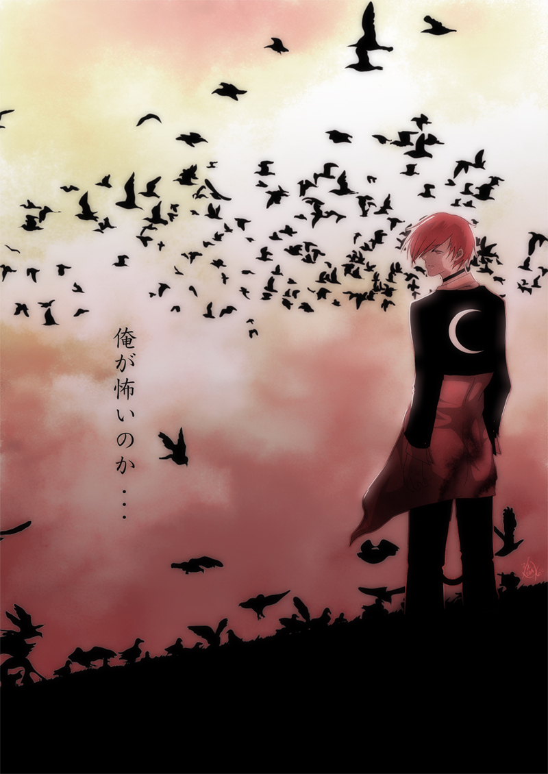 1boy, bird, choker, crescent, flock, hair_over_one_eye, jacket, kyeonjoo