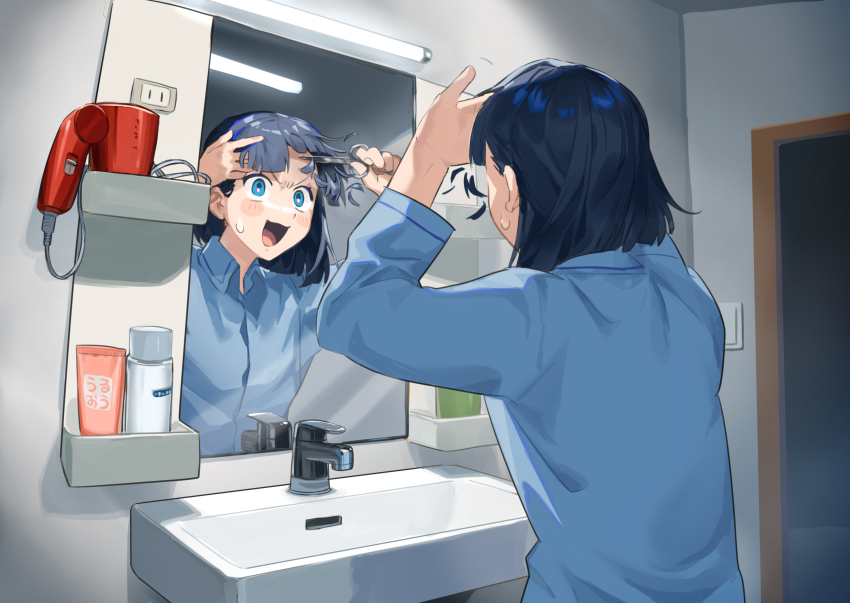 1girl, :3, arms_up, bathroom, black_hair, blue_eyes, blue_shirt, blush_stickers