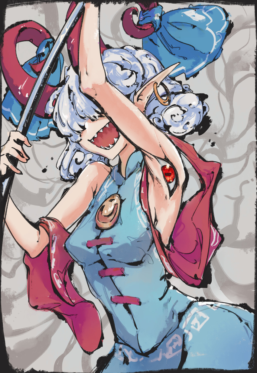 1girl, armpits, breasts, curly_hair, detached_sleeves, dress, earrings, extra_eyes