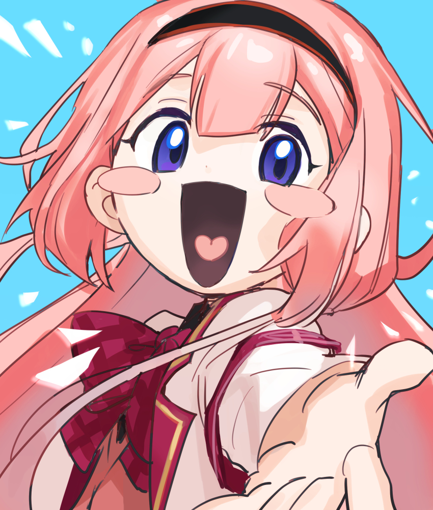 1girl, armband, black_hairband, black_shirt, blazer, blue_background, blush_stickers, bow