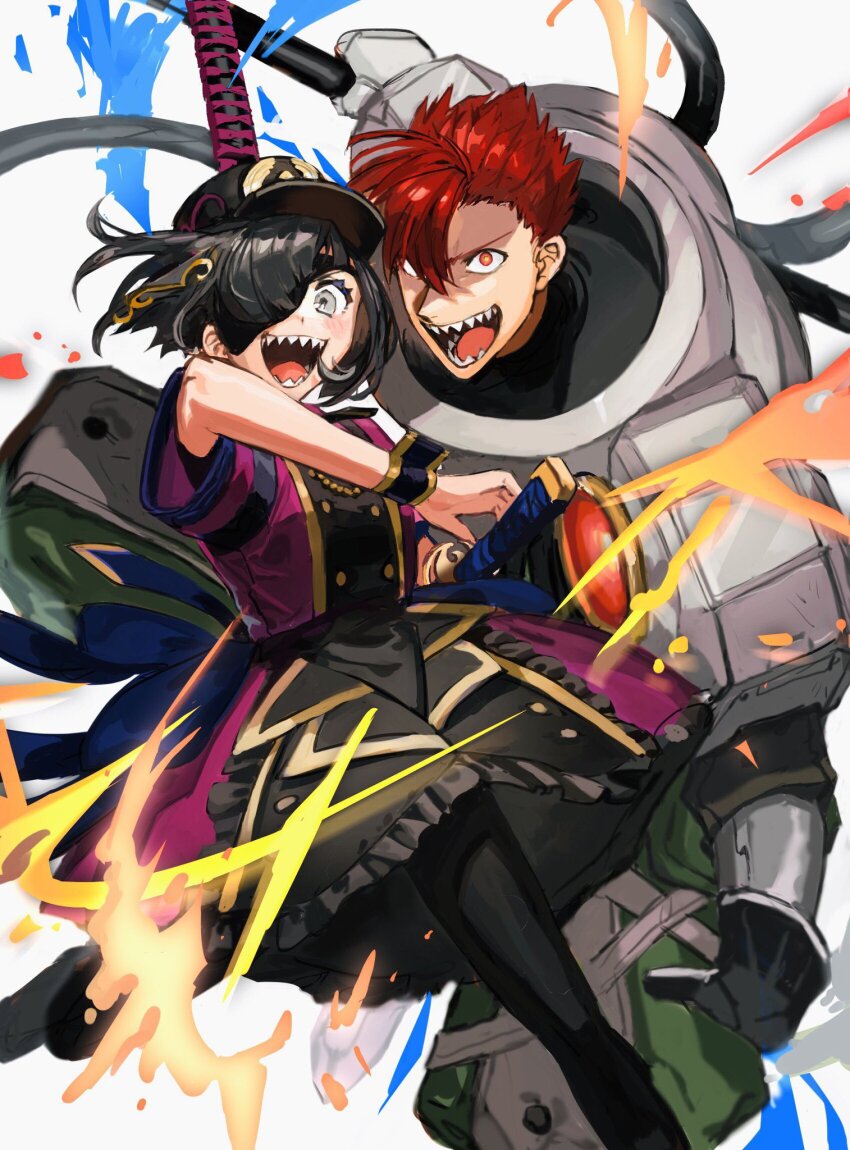 1boy, 1girl, armor, asymmetrical_bangs, battoujutsu_stance, black_dress, black_hair, black_leggings