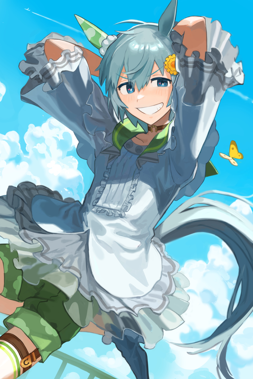 1girl, absurdres, aircraft, airplane, animal_ears, aqua_eyes, aqua_hair, arms_behind_head, arms_up, blue_sky, bug, butterfly, center_frills, choker, cloud, commentary_request, contrail, dress, dutch_angle, ear_covers, flower, foot_out_of_frame, frilled_dress, frills, green_shorts, grin, hair_flower, hair_ornament, half-closed_eyes, high_heels, highres, horse_ears, horse_girl, horse_tail, insect, looking_at_viewer, outdoors, railing, seiun_sky_(reeling_in_the_big_one)_(umamusume), seiun_sky_(umamusume), short_dress, short_hair, short_sleeves, shorts, single_ear_cover, single_thighhigh, sky, smile, solo, standing, standing_on_one_leg, su_ke234, tail, thigh_strap, thighhighs, umamusume, v-shaped_eyebrows, white_dress, white_thighhighs, yellow_flower