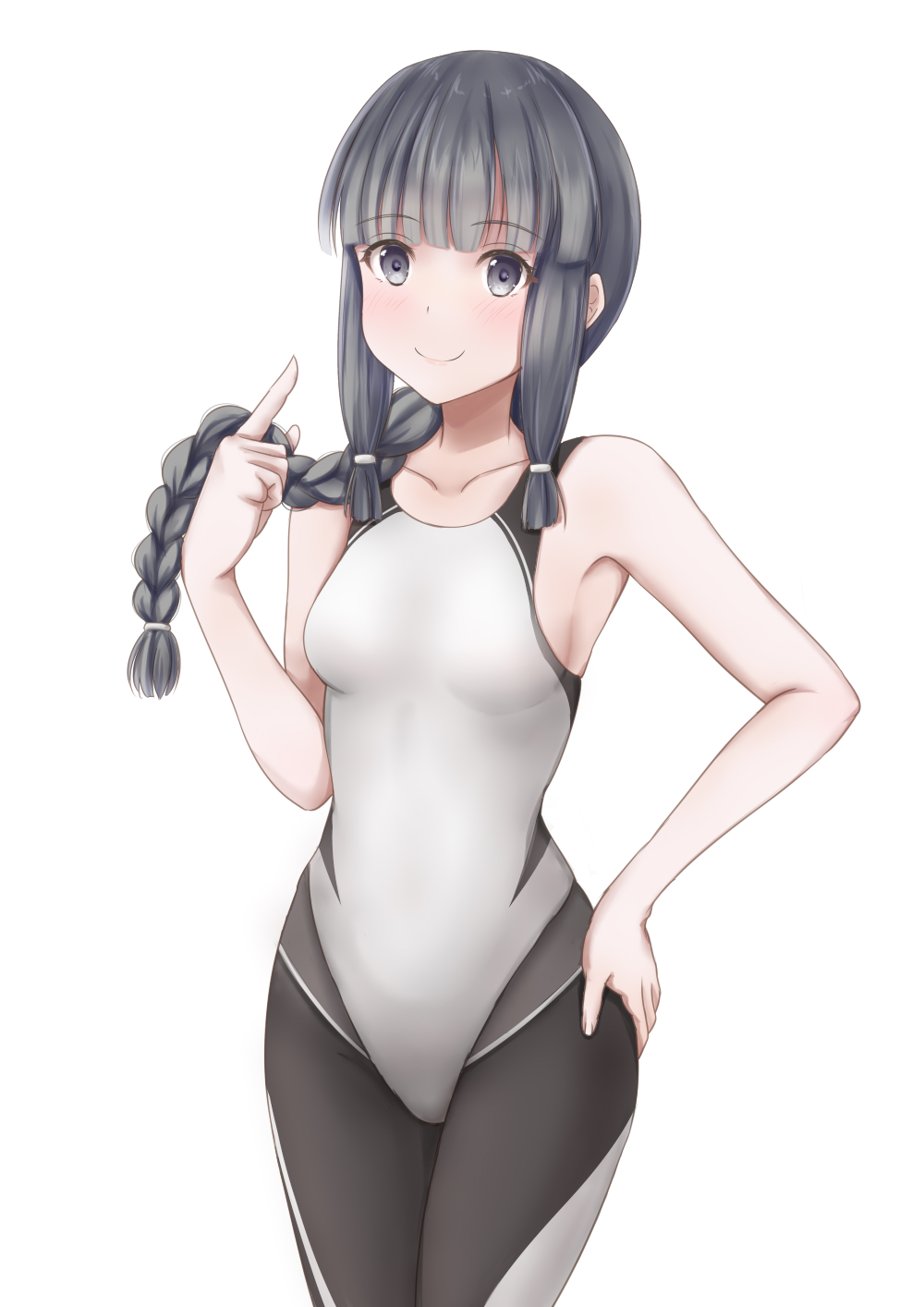 1girl, alternate_costume, black_hair, black_wetsuit, blunt_bangs, bodysuit, braid, breasts