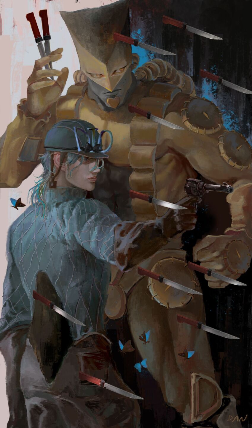 1boy, alternate_color, artist_name, blonde_hair, blue_eyes, blue_hair, bug, butterfly