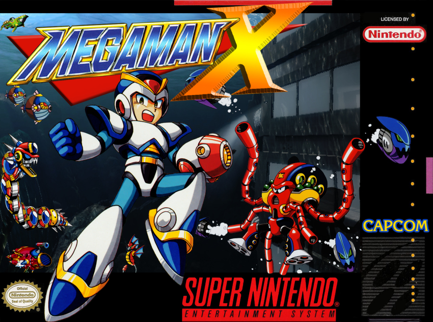 1990s_(style), angry, attack, capcom, cover, game_console, highres, inafune_keiji, launch_octopus_(mega_man), maverick, mega_man_(series), mega_man_x_(series), nintendo, retro_artstyle, robot, super_nintendo, underwater, video_game_cover