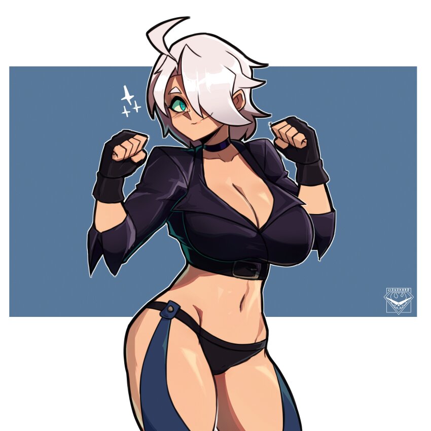 absurdres, ahoge, angel_(kof), black_choker, blue_eyes, bra, breasts, chaps