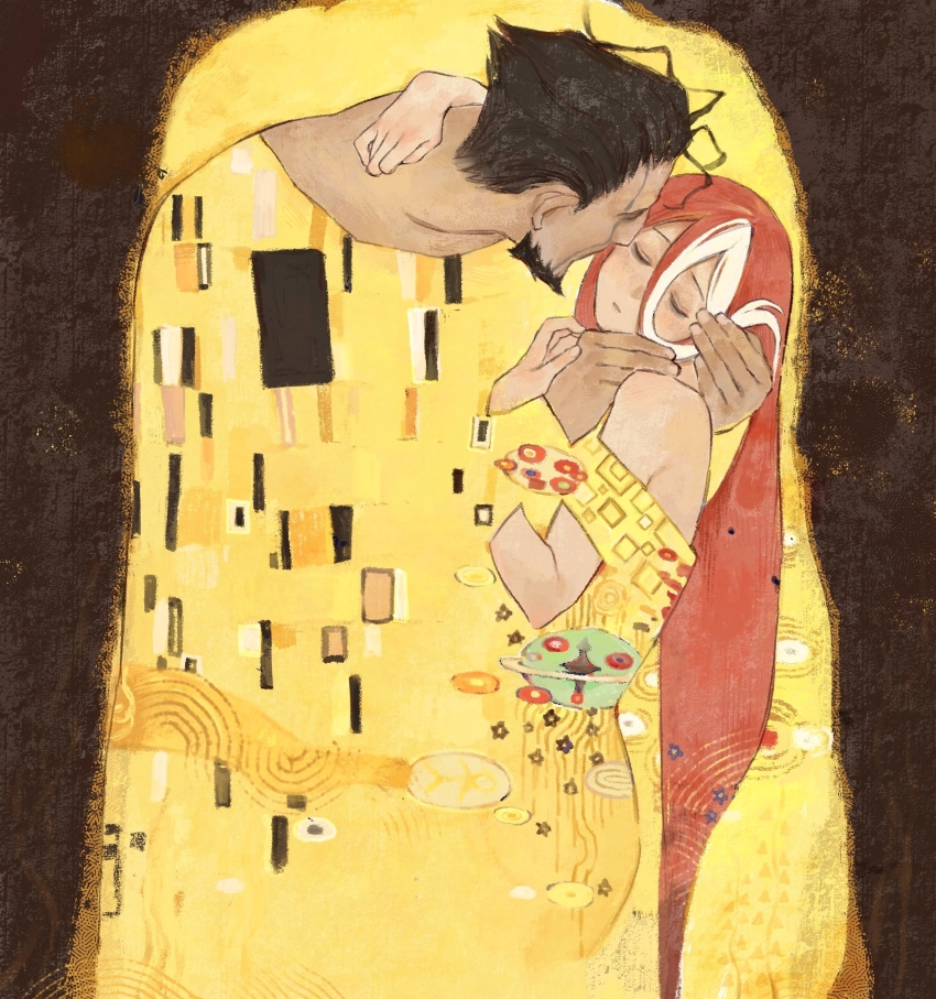 1boy, 1girl, abstract, absurdres, aquiline_nose, arm_around_neck, beard, black_background