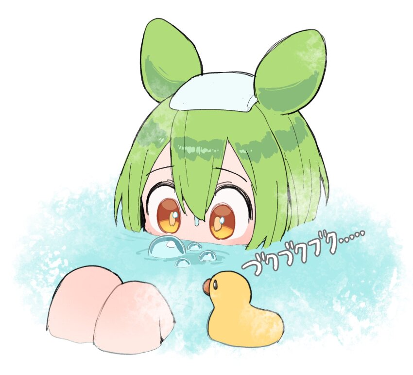 1girl, afloat, bathing, blowing_bubbles, commentary_request, dripping, green_hair, highres