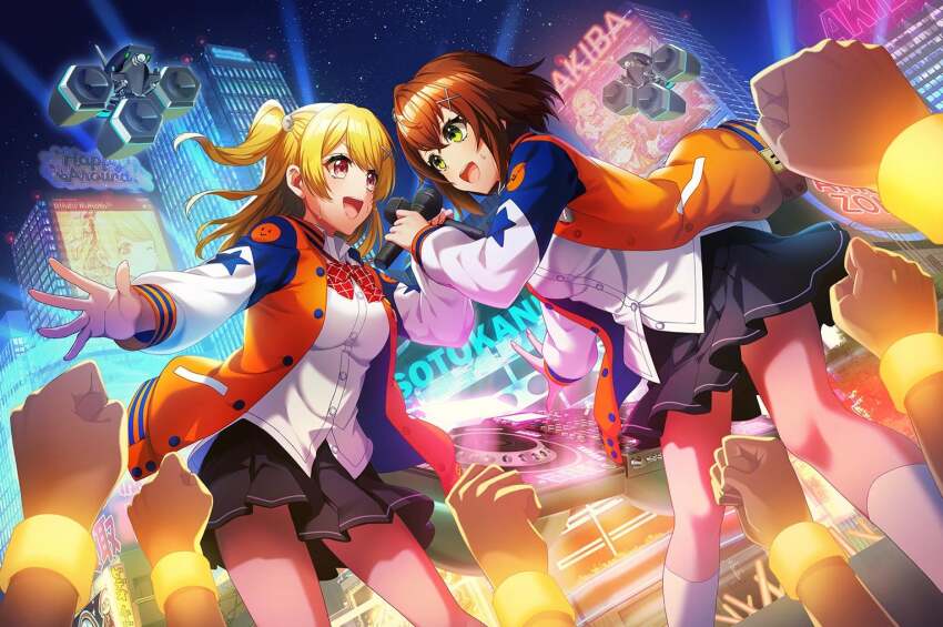 2girls, :d, aimoto_rinku, black_skirt, blonde_hair, blush, bow, bowtie