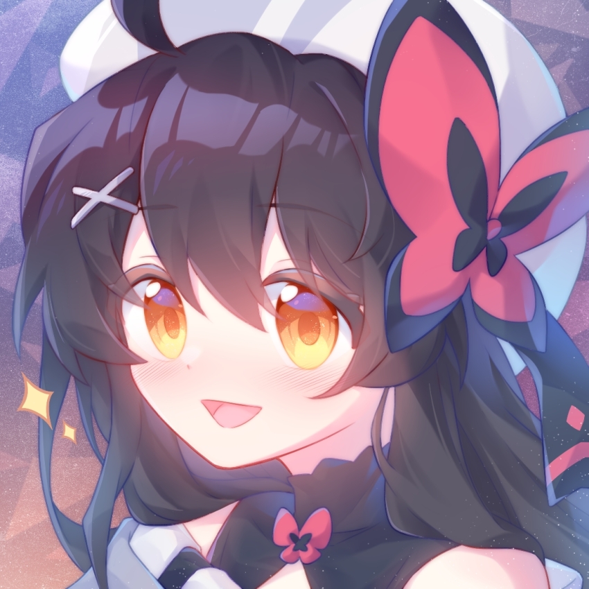 1girl, :d, ahoge, beret, black_collar, black_hair, black_ribbon, blush, bow, bowtie, collar, geopelia, hair_between_eyes, hair_ornament, hair_ribbon, hat, long_hair, official_art, open_mouth, phigros, portrait, red_bow, red_bowtie, red_ribbon, ribbon, shenju_bing_hui, smile, solo, sparkle, white_hat, x_hair_ornament, yellow_eyes