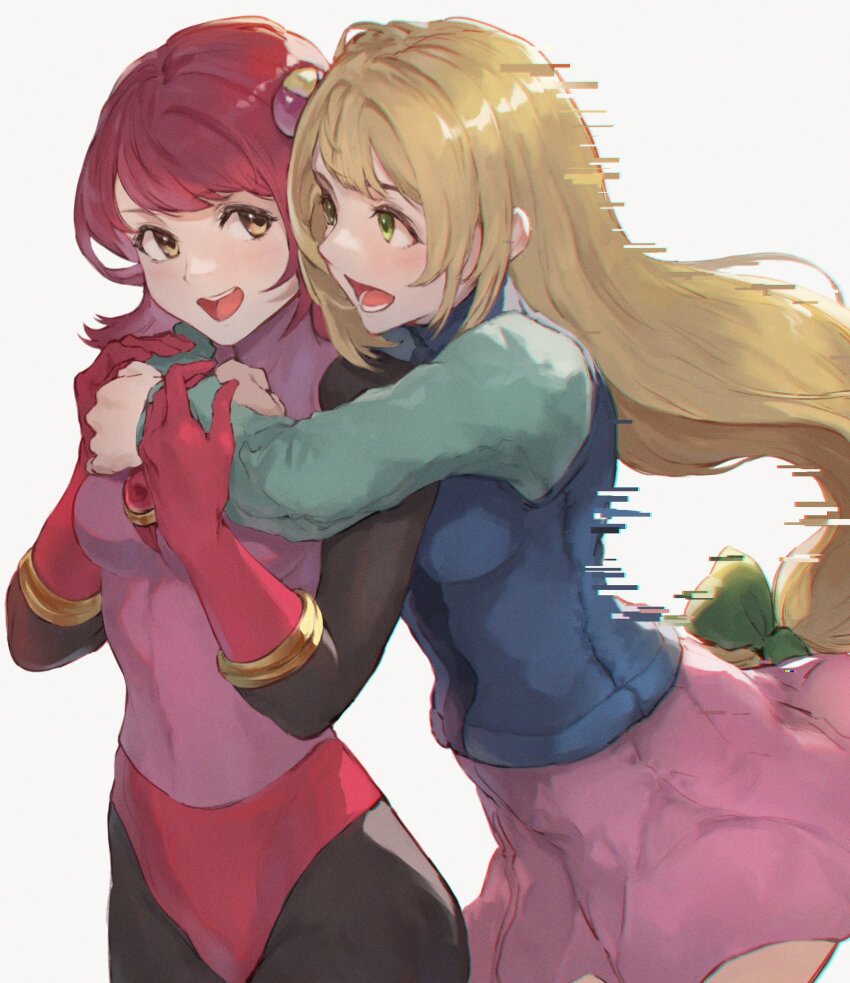 2girls, blonde_hair, bodysuit, breasts, brown_eyes, commentary, cosplay, costume_switch