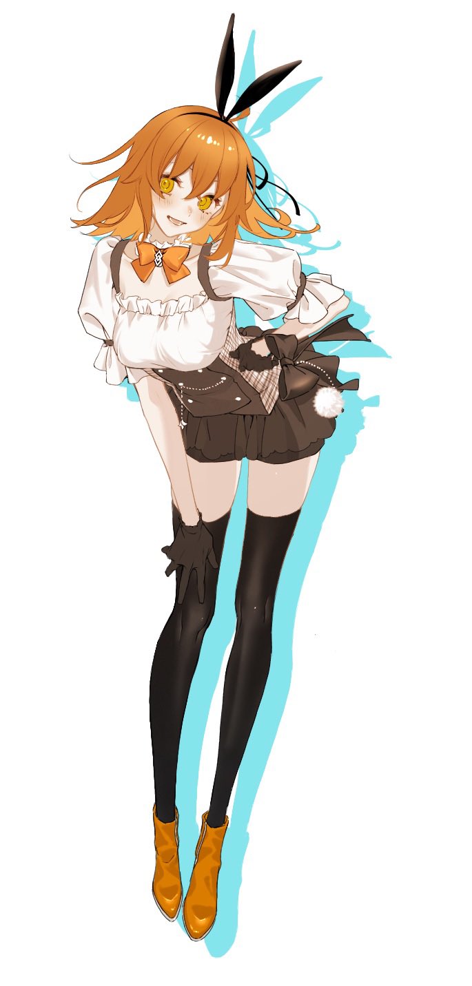 1girl, alternate_costume, black_gloves, black_ribbon, black_thighhighs, blush, boots, bow