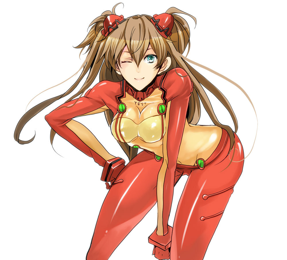 00s, 1girl, aqua_eyes, bad_id, bad_pixiv_id, bodysuit, breasts, brown_hair, evangelion:_2.0_you_can_(not)_advance, female_focus, latex, leaning_forward, legs, long_hair, mecha_pilot_suit, medium_breasts, neon_genesis_evangelion, one_eye_closed, plugsuit_(evangelion), rebuild_of_evangelion, shoko_makiko, simple_background, skin_tight, smile, solo, souryuu_asuka_langley, test_plugsuit_(evangelion), thighs, wink