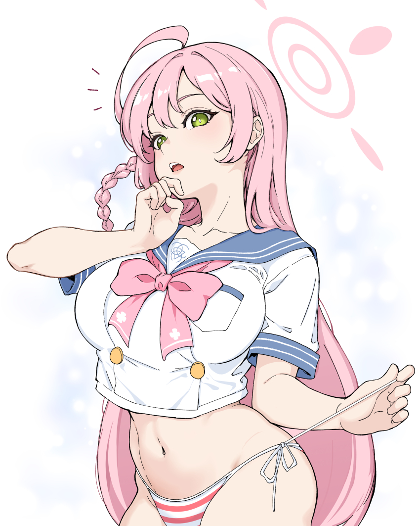 1girl, absurdres, ahoge, bikini, blue_archive, blue_sailor_collar, blush, braid