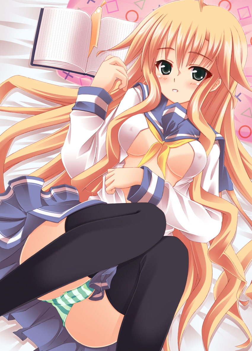 1girl, bed_sheet, black_thighhighs, blonde_hair, blush, book, breasts, covered_erect_nipples