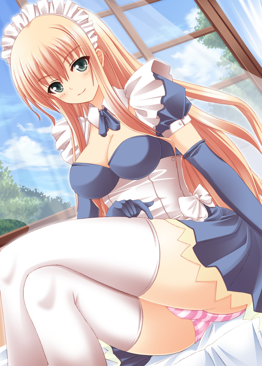 1girl, blonde_hair, blush, breasts, cleavage, cloud, crossed_legs, curtains
