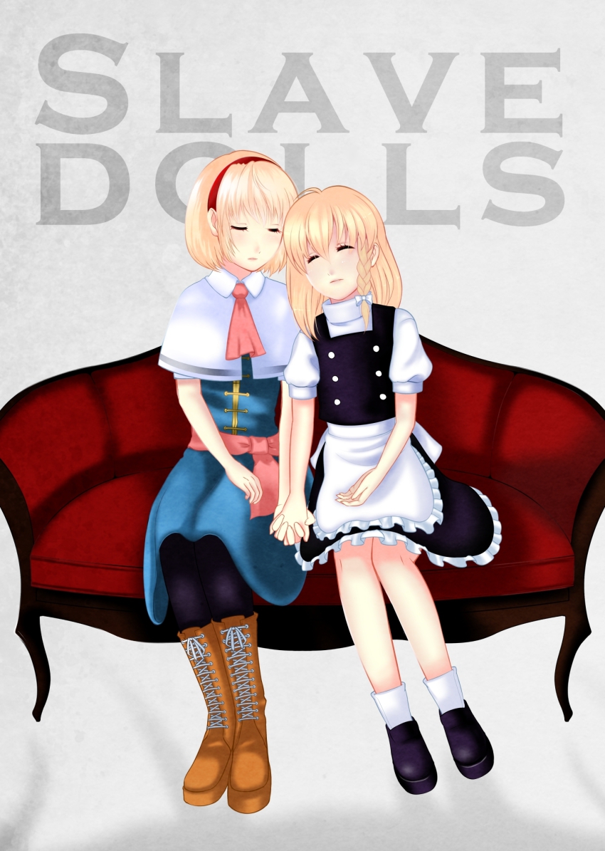 2girls, alice_margatroid, artist_request, bad_id, bad_pixiv_id, blonde_hair, boots, braid