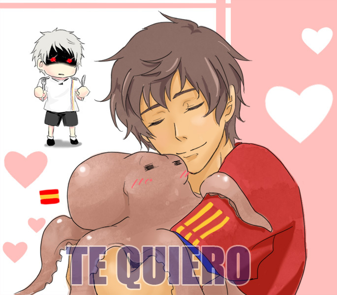 2010_fifa_world_cup, 2boys, axis_powers_hetalia, blush, brown_hair, fork, heart, hug, knife, male_focus, miyabi_(nataliemasiya), multiple_boys, nataliemasiya, octopus, original, paul_the_octopus, prussia_(hetalia), spain_(hetalia), spanish_flag, spanish_text, text_focus, translated, world_cup
