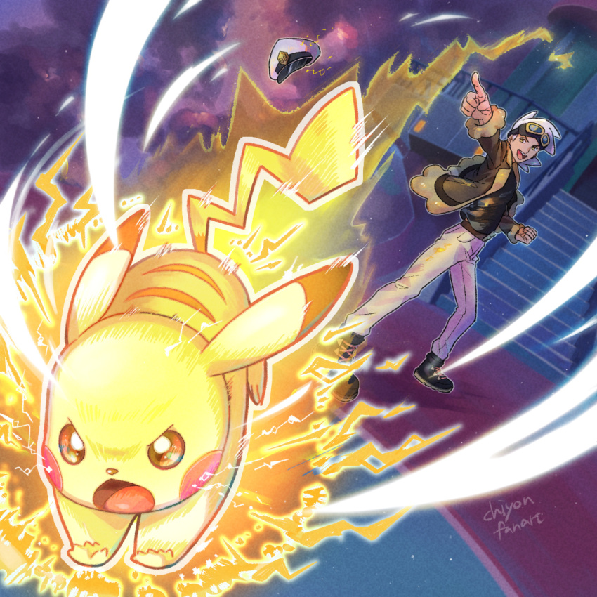 1boy, :d, boots, brown_jacket, captain_pikachu, chon_chiyon, clenched_hand, commentary_request