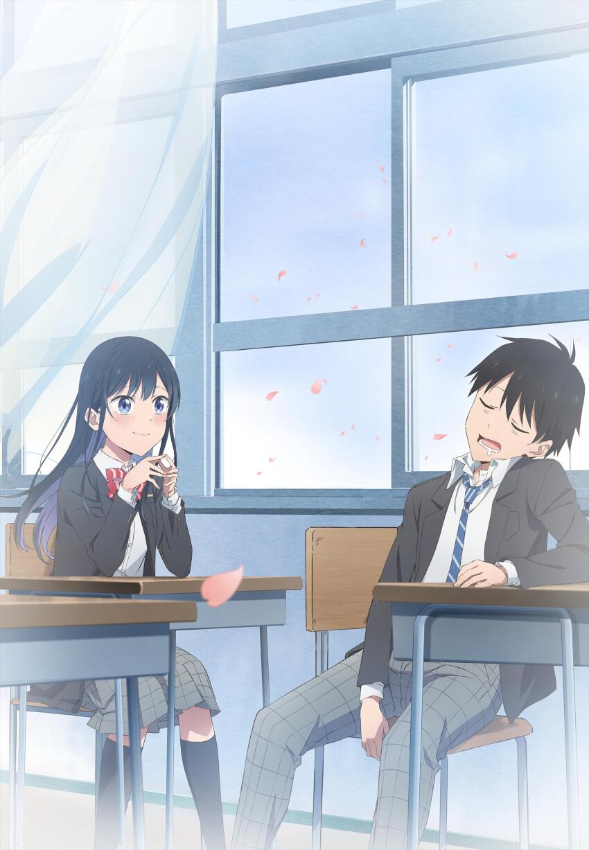 1boy, 1girl, absurdres, black_hair, black_jacket, black_socks, blazer, blue_eyes
