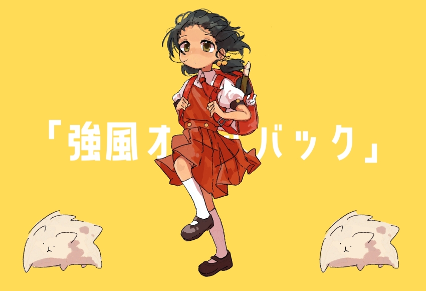 1girl, animal_charm, backpack, bag, black_hair, blush, brown_eyes, child