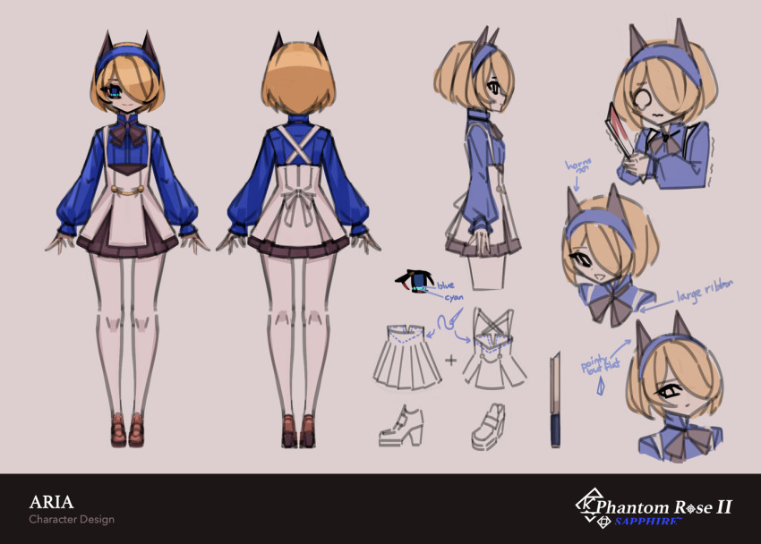 1girl, animal_ears, aqua_eyes, aria_(phantom_rose), arms_at_sides, ascot, black_ascot, black_skirt, blonde_hair, blood, bloody_knife, blue_eyes, blue_hairband, blue_shirt, bob_cut, brown_footwear, character_name, closed_mouth, collared_shirt, commentary, copyright_name, criss-cross_back-straps, cropped_legs, cropped_torso, fake_animal_ears, flat_chest, from_behind, from_side, full_body, grey_background, hair_over_one_eye, hairband, high-waist_skirt, high_heels, holding, holding_knife, kneepits, knife, light_smile, loafers, long_bangs, long_sleeves, looking_at_viewer, makaroll, miniskirt, multicolored_eyes, multiple_views, o_o, open_hands, pantyhose, phantom_rose, pleated_skirt, portrait, profile, puffy_long_sleeves, puffy_sleeves, reference_sheet, shirt, shoes, short_hair, skirt, sleeves_past_wrists, standing, straight-on, suspender_skirt, suspenders, swept_bangs, turnaround, two-tone_eyes, two-tone_skirt, upper_body, wavy_mouth, white_pantyhose, white_skirt