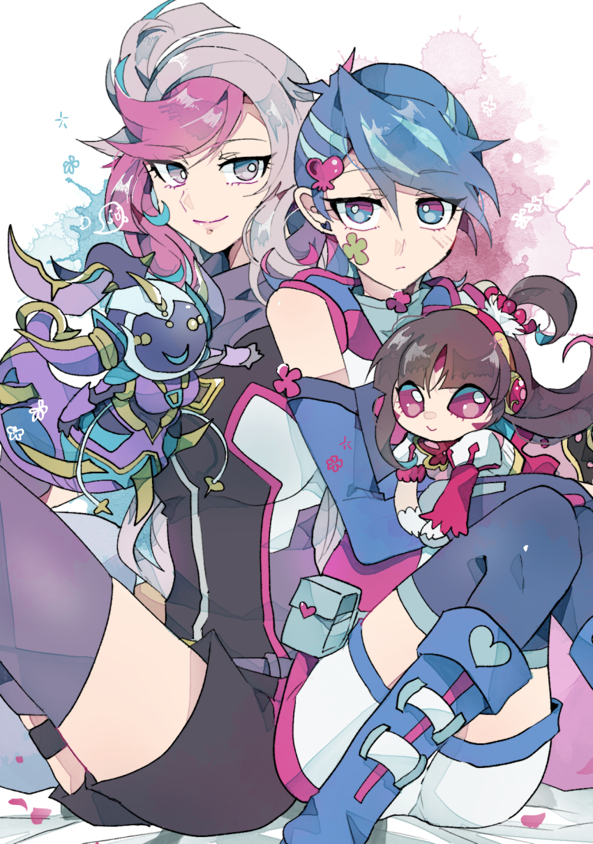 3girls, altergeist_meluseek, asymmetrical_sleeves, bare_shoulders, bessho_emma, blue_girl, blue_hair, boots, breasts, brown_hair, chibi, duel_monster, elbow_gloves, ghost_girl_(yu-gi-oh!_vrains), gloves, grey_eyes, grey_hair, highres, knees_up, long_hair, medium_breasts, multicolored_eyes, multicolored_hair, multiple_girls, puffy_short_sleeves, puffy_sleeves, purple_eyes, purple_hair, short_shorts, short_sleeves, shorts, sitting, teketeke_(tasutekete), thighhighs, trickstar_lycoris, two-tone_hair, uneven_sleeves, yu-gi-oh!, yu-gi-oh!_vrains, zaizen_aoi