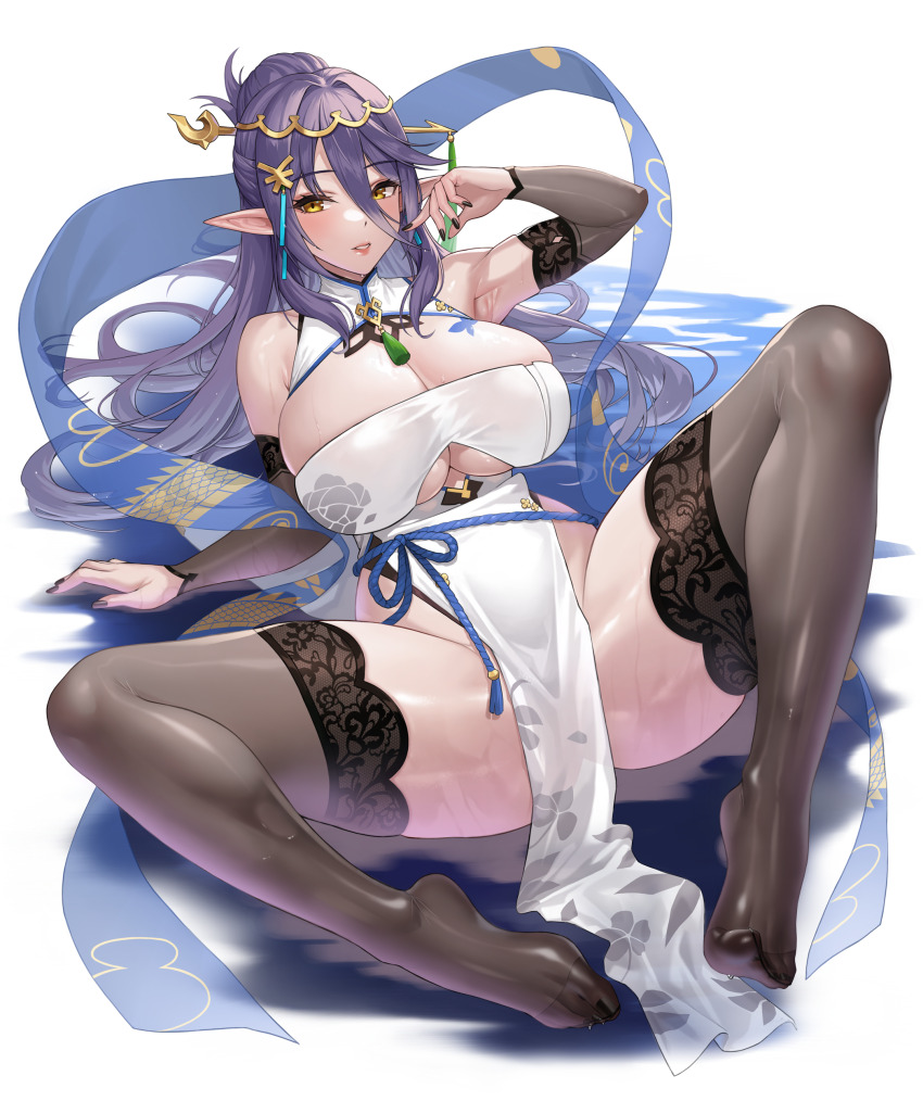 1girl, absurdres, aria_(epic_seven), breasts, cleavage, dorsiflexion, epic_seven, feet