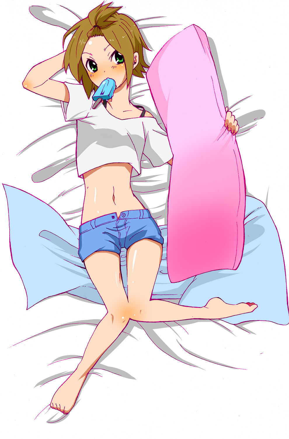 1girl, alternate_hairstyle, babydoll_t-shirt, bad_id, bad_pixiv_id, barefoot, blush, body_pillow