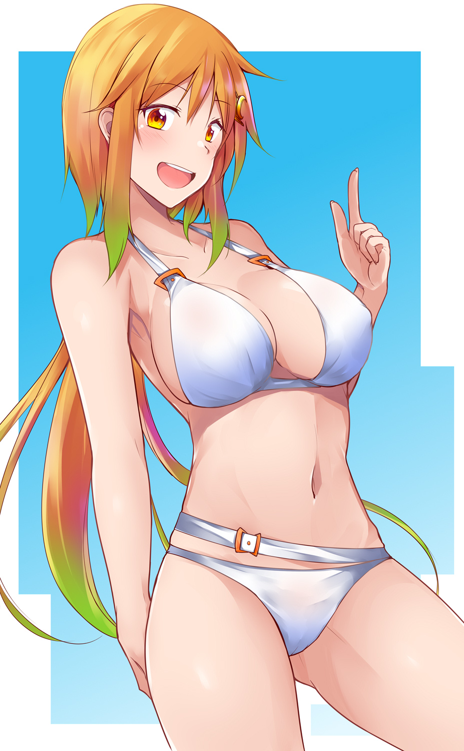 1girl, :d, bikini, blush, breasts, brown_eyes, collarbone, commentary_request