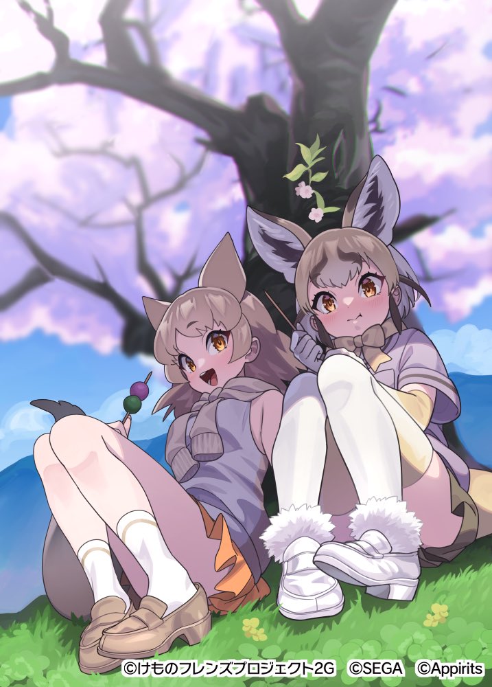 2girls, :t, animal_ears, bare_shoulders, blonde_hair, blush, brown_footwear, brown_hair