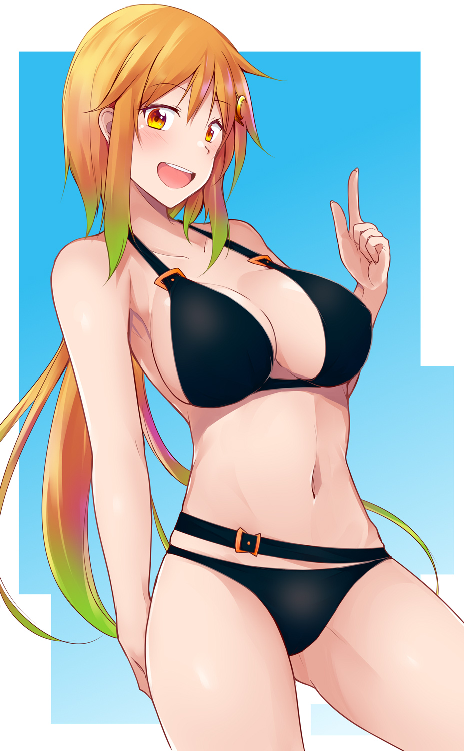 1girl, :d, bikini, black_bikini, blush, breasts, brown_eyes, collarbone