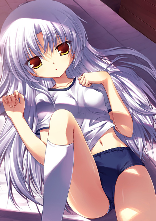 10s, 1girl, angel_beats!, buruma, character_request, female_focus, gym_uniform, indoors, long_hair, lying, navel, on_back, p.a.works, purple_hair, solo, tenshi_(angel_beats!), yellow_eyes, yuku_(kiollion)