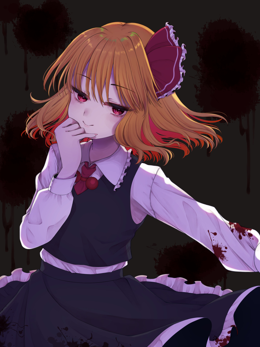1girl, absurdres, black_skirt, black_vest, blonde_hair, blood, flat_chest, hair_ribbon