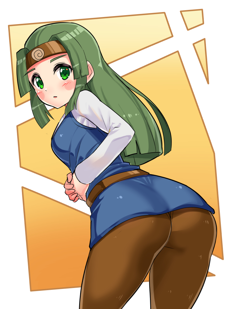 1girl, ass, belt, blush, breasts, capcom, closed_mouth, cougar_(cougar1404), facing_viewer, forehead_protector, from_behind, green_eyes, green_hair, headband, long_hair, long_sleeves, looking_at_viewer, looking_back, looking_over_shoulder, matching_hair/eyes, medium_breasts, mega_man_(series), mega_man_battle_network, own_hands_together, pantyhose, sal_(mega_man), shirt, sideboob, solo, standing, tunic, very_long_hair, white_shirt
