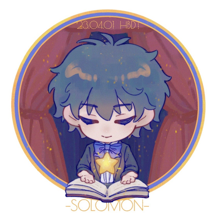 1boy, black_hair, black_jacket, blue_ribbon, book, character_name, chibi, chinese_commentary