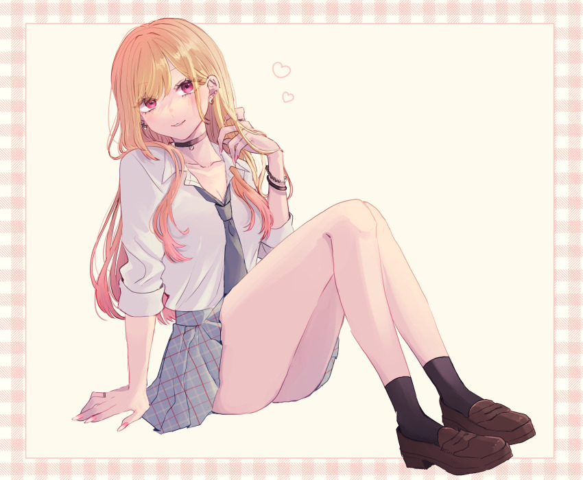 1girl, absurdres, arm_support, barbell_piercing, black_choker, black_necktie, black_socks, blonde_hair, blue_skirt, bracelet, breasts, brown_shoes, choker, cleavage, collarbone, commentary_request, ear_piercing, earrings, fake_nails, fingernails, from_side, full_body, gradient_hair, grey_necktie, highres, industrial_piercing, jewelry, kitagawa_marin, loafers, long_fingernails, long_hair, looking_at_viewer, looking_to_the_side, loose_necktie, medium_breasts, miniskirt, multicolored_hair, necktie, partially_unbuttoned, piercing, pink_eyes, pink_hair, plaid_clothes, plaid_skirt, pleated_skirt, school_uniform, shirt, shoes, simple_background, sitting, skirt, sleeves_rolled_up, socks, solo, sono_bisque_doll_wa_koi_wo_suru, two-tone_hair, uououoon, white_shirt