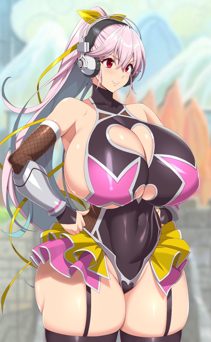 1girl, ass, breasts, cleavage, cleavage_cutout, clothing_cutout, collarbone, covered_navel, dekapaiyukari, fishnets, garter_straps, hands_on_own_hips, headphones, heart_cutout, highres, huge_breasts, impossible_clothes, impossible_leotard, kloah, leotard, linea_alba, nitroplus, pink_hair, ponytail, red_eyes, second-party_source, showgirl_skirt, sideboob, skin_tight, skindentation, solo, super_sonico, taimanin_(series), taimanin_rpgx, taimanin_suit