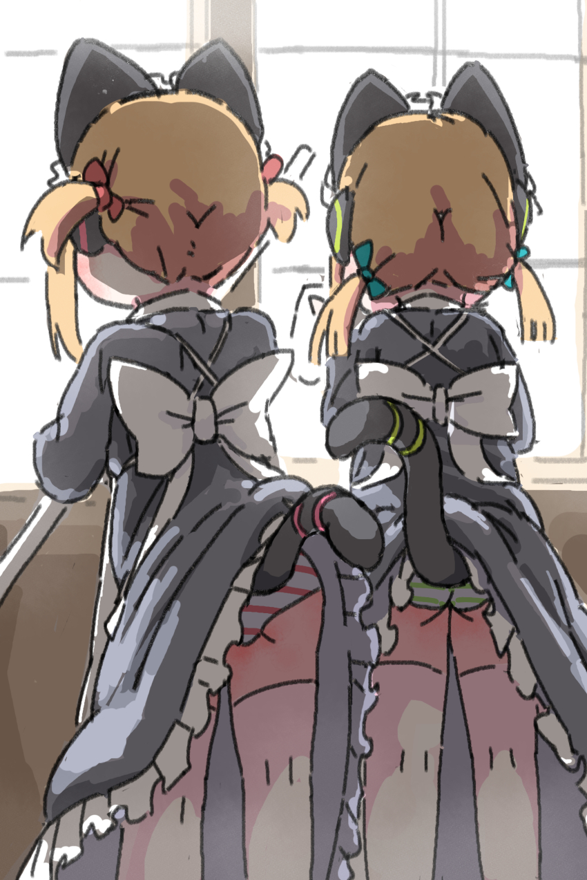 2girls, absurdres, animal_ear_headphones, animal_ears, back_bow, black_dress, blonde_hair, blue_archive, bow, cat_ear_headphones, cat_ears, cat_tail, clothes_lift, commentary, dress, dress_lift, fake_animal_ears, fake_tail, feet_out_of_frame, female_focus, frilled_dress, frills, from_behind, green_panties, headphones, highres, kuragesensei, lifted_by_tail, lifting_own_clothes, loli, maid, midori_(blue_archive), midori_(maid)_(blue_archive), momoi_(blue_archive), momoi_(maid)_(blue_archive), multiple_girls, official_alternate_costume, panties, pink_panties, siblings, sisters, standing, striped_clothes, striped_panties, tail, thighhighs, twintails, underwear, white_bow, white_panties, white_thighhighs